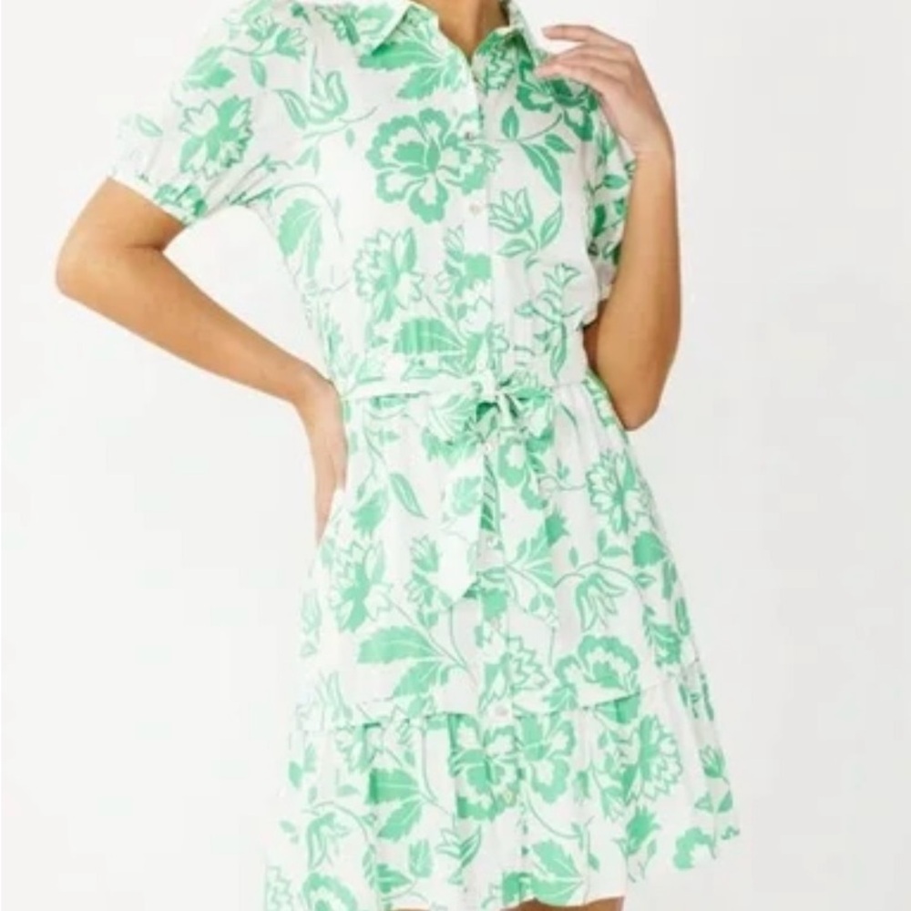 Draper James Puff Sleeve Floral Green and White Shirt Dress
